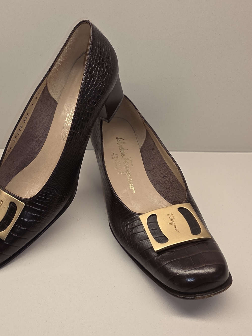 Salvatore Ferragamo Dark Brown Croc-Embossed Block Heel Pumps with Gold Buckle